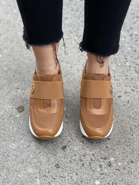 Κάμελ sneaker με λάστιχο και πλατφόρμα H9001