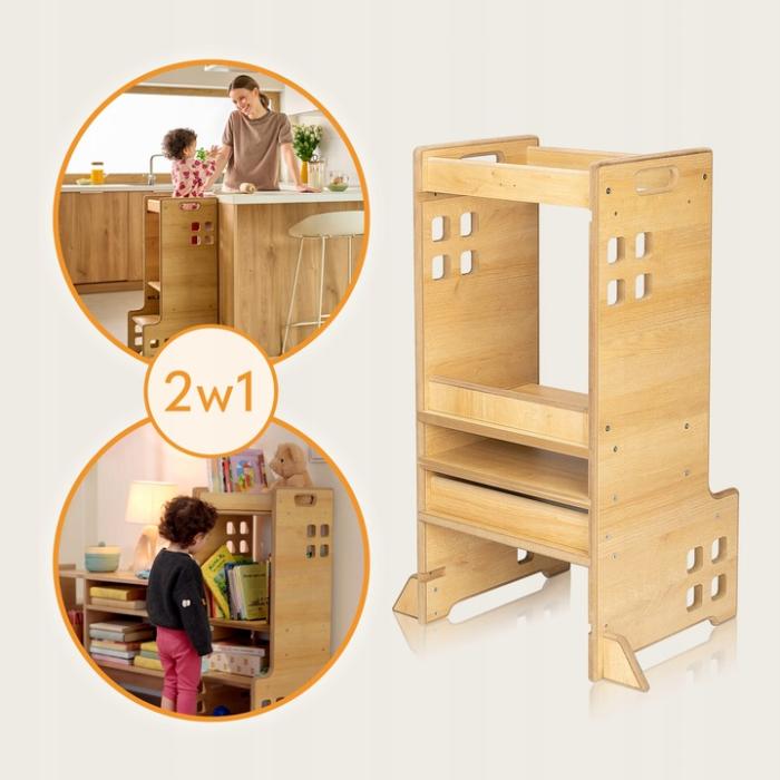Lionelo Cass Montessori Ξύλινος Πύργος Εκμάθησης &#038; Βιβλιοθήκη 2 σε 1 &#8211; 88cm Natural