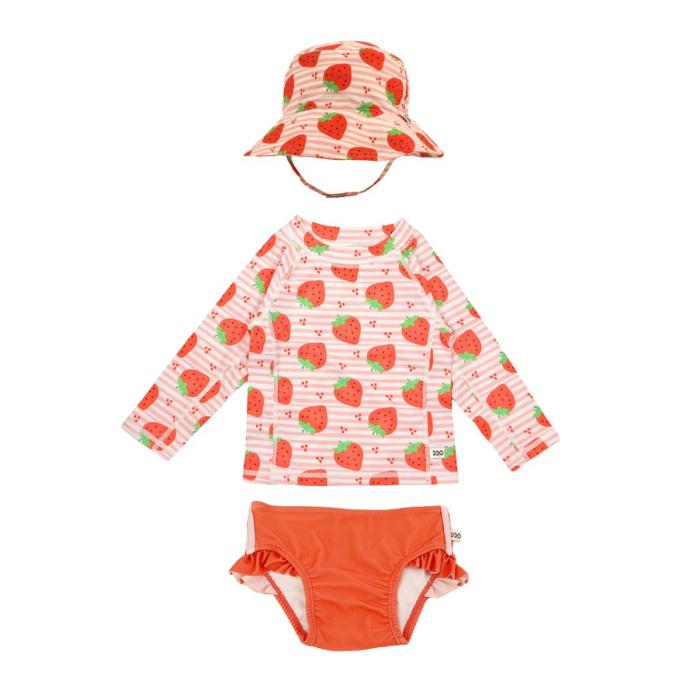 Σετ UV Μαγιώ Bucket Καπέλο Μπλούζα Strawberry - 12-24m