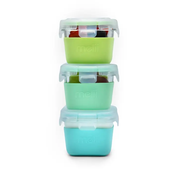 Melii – Glass Containers σε θήκες σιλικόνης (160ml set of 3) – mint,blue,lime