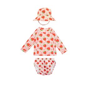 Σετ UV Μαγιώ Πάνα Bucket Καπέλο Μπλούζα Strawberry - 12-24m