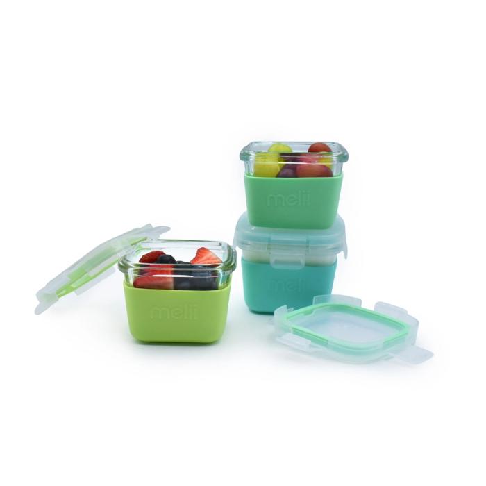 Melii – Glass Containers σε θήκες σιλικόνης (160ml set of 3) – mint,blue,lime