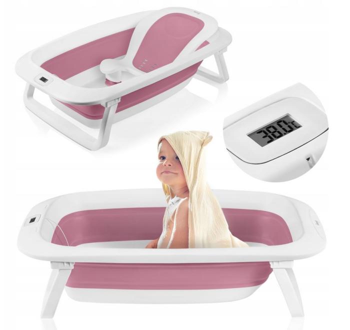 Lionelo BabyBubble πτυσσόμενο μπανάκι μωρού με γλύστρα + θερμόμετρο Bubble Pink Magnolia