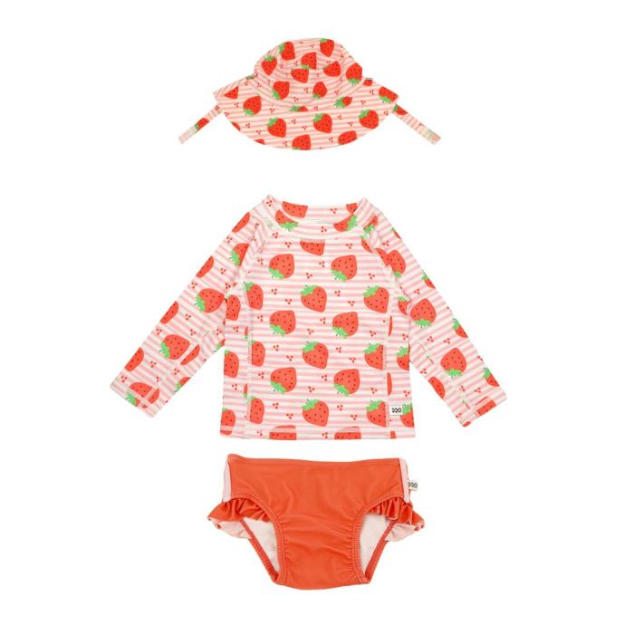 Σετ UV Μαγιώ Bucket Καπέλο Μπλούζα Strawberry - 12-24m