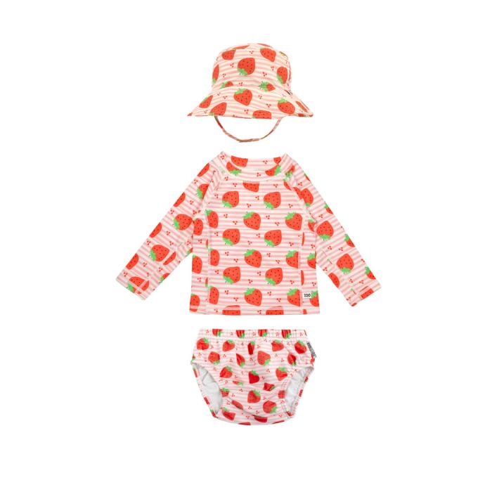 Σετ UV Μαγιώ Πάνα Bucket Καπέλο Μπλούζα Strawberry - 6-12m