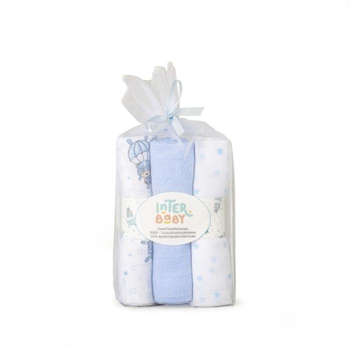 Interbaby Πάνες Αγκαλιάς (80×80) Σετ 3 Τεμ Paracaidista Blue