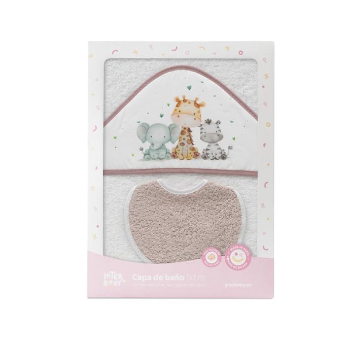 Interbaby Jirafa Elefante Μπουρνούζι Κάπα &#038; Σαλιάρα White-Dark Pink