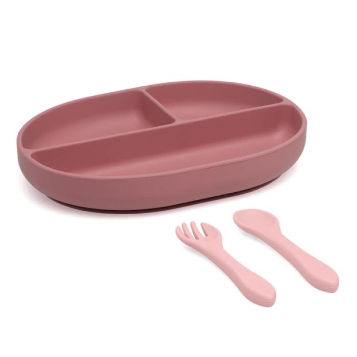 Πιάτο Σιλικόνης με χωρίσματα και κουταλοπίρουνο | Ροζ