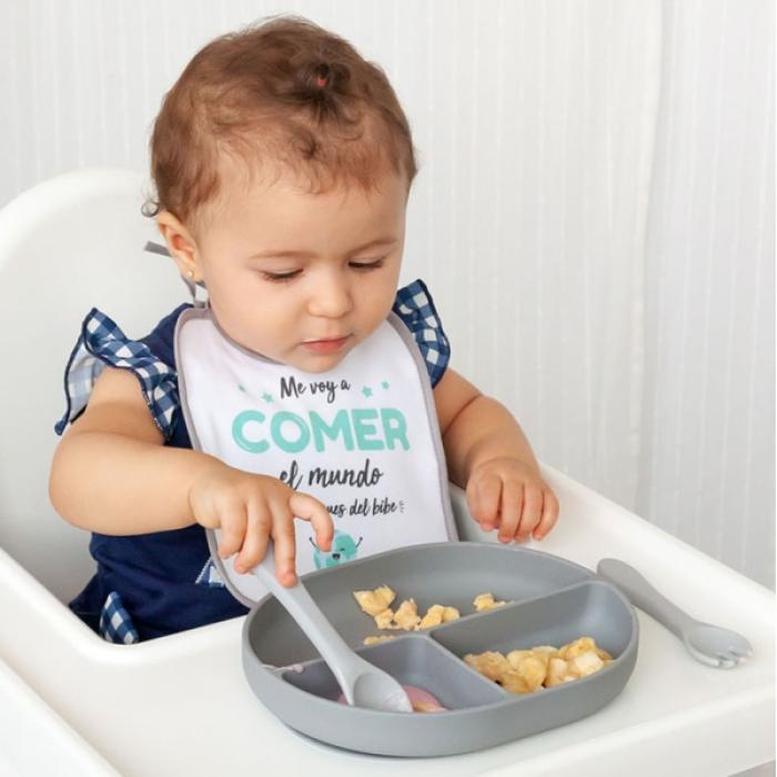 Πιάτο Σιλικόνης με χωρίσματα και κουταλοπίρουνο | Γκρι