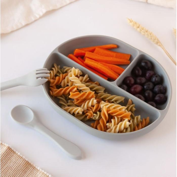 Πιάτο Σιλικόνης με χωρίσματα και κουταλοπίρουνο | Γκρι