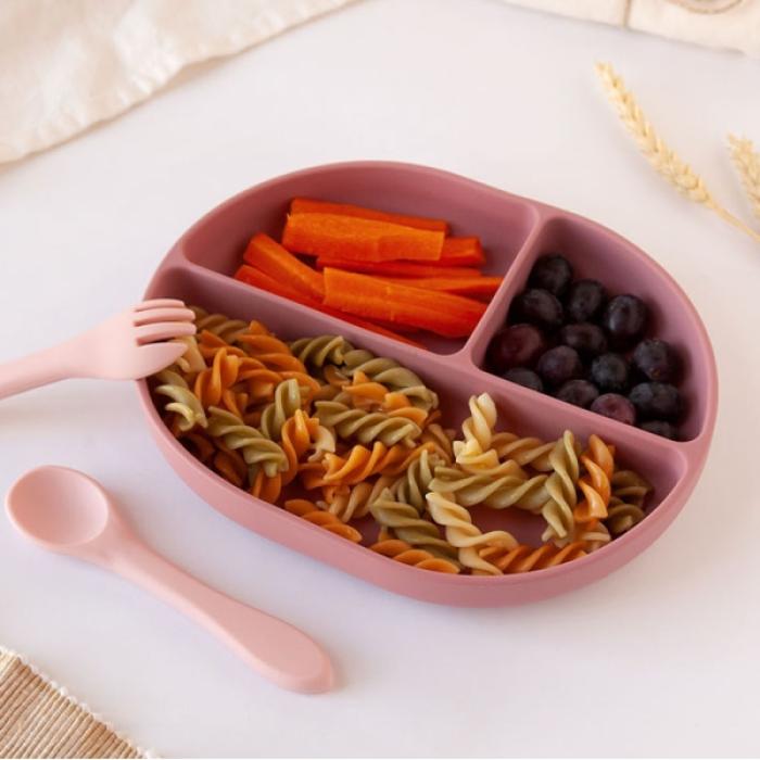 Πιάτο Σιλικόνης με χωρίσματα και κουταλοπίρουνο | Ροζ