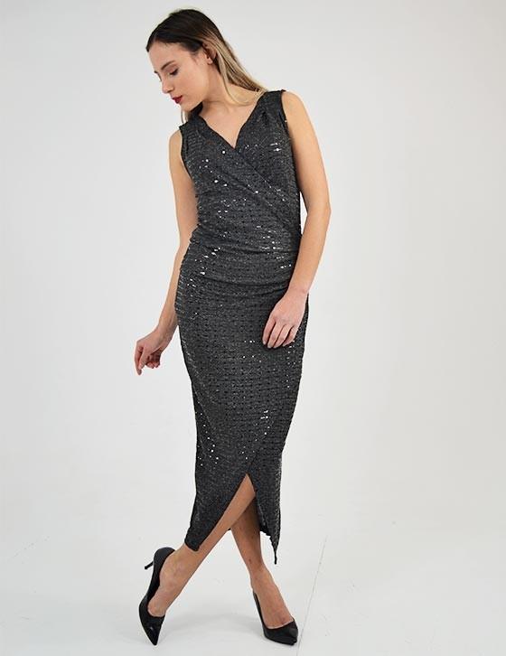 AT4622 Sequin Cross Wrap Ruched Detail Midi Dress