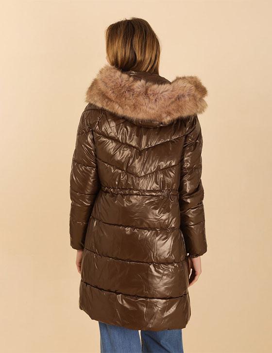 AT8338B Midi Hooded Metallic Jacket With Faux Fur