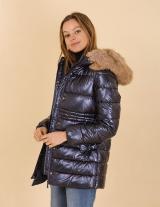 AT8357B Hooded Metallic Jacket With Faux Fur