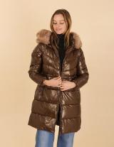 AT8338B Midi Hooded Metallic Jacket With Faux Fur