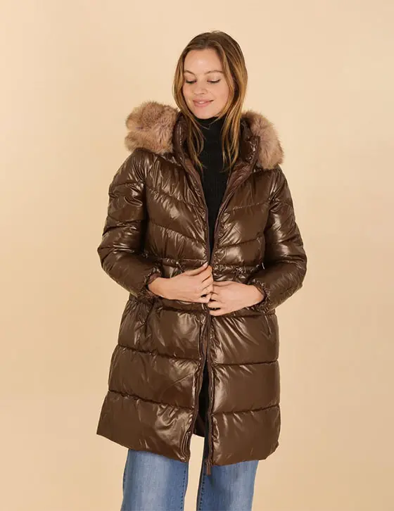 AT8338B Midi Hooded Metallic Jacket With Faux Fur Capri Stores