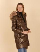 AT8338B Midi Hooded Metallic Jacket With Faux Fur