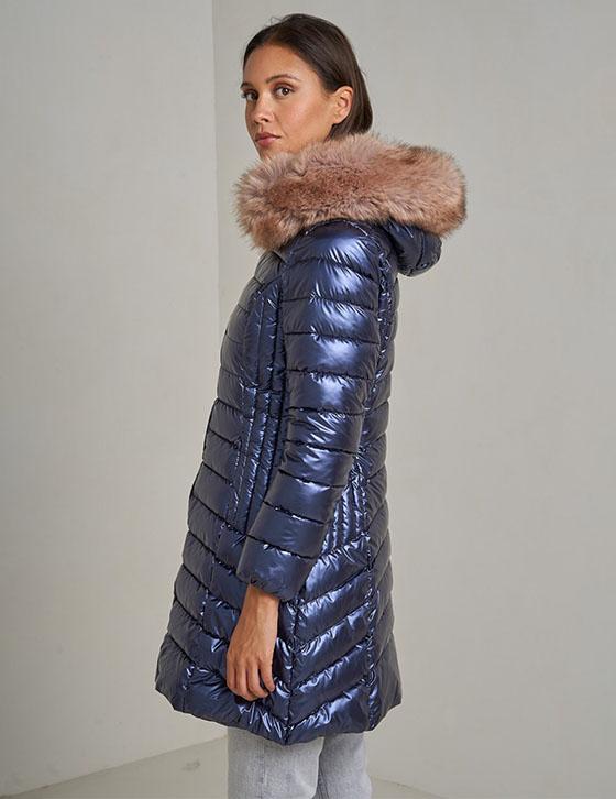  AT8258B Hooded Metallic Jacket With Faux Fur