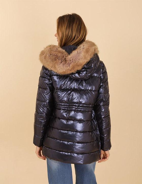 AT8357B Hooded Metallic Jacket With Faux Fur