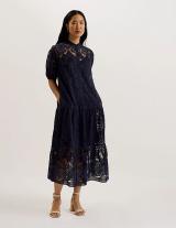 XATIVA276253 Lace Puff Sleeve Midi Shift Dress