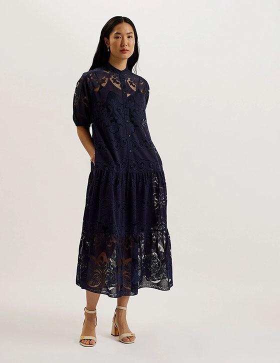 XATIVA276253 Lace Puff Sleeve Midi Shift Dress