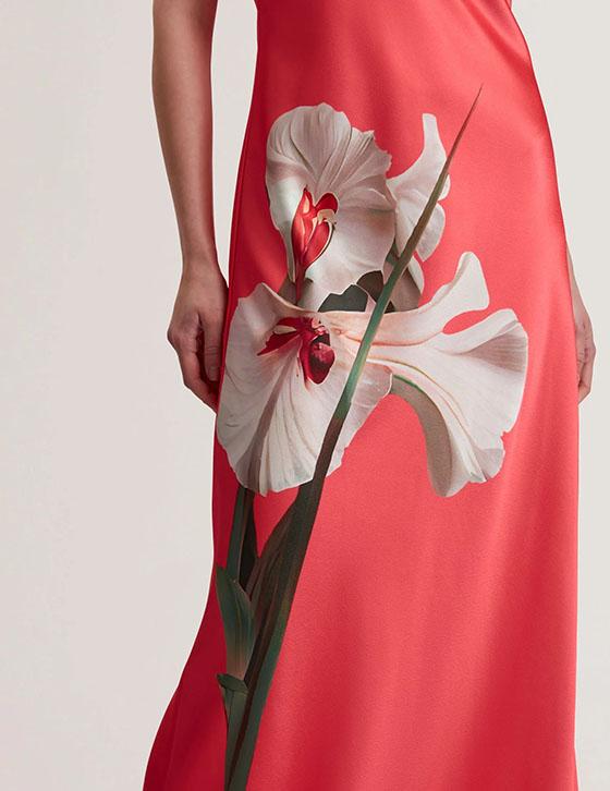 AJIMAS279201 Floral Graphic Halter Neck Satin Maxi Dress