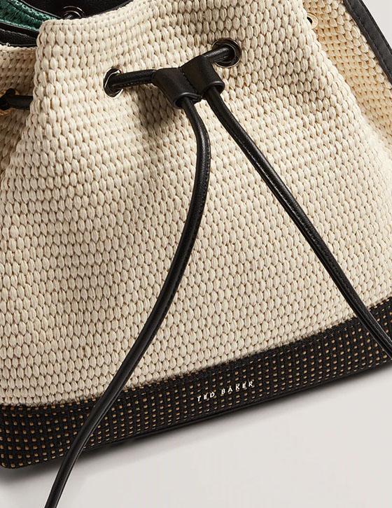 RAFFI280661 Webbing Strap Detail Straw Bucket Bag