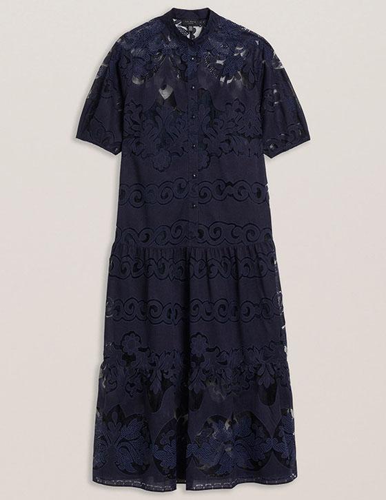 XATIVA276253 Lace Puff Sleeve Midi Shift Dress
