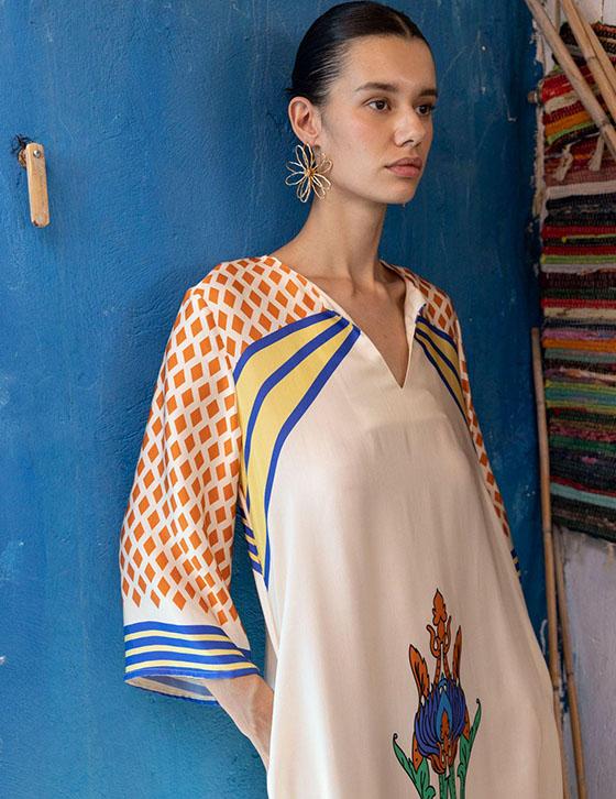 ZARA14907N175 Flower Print Μακρύ Caftan Style Φόρεμα