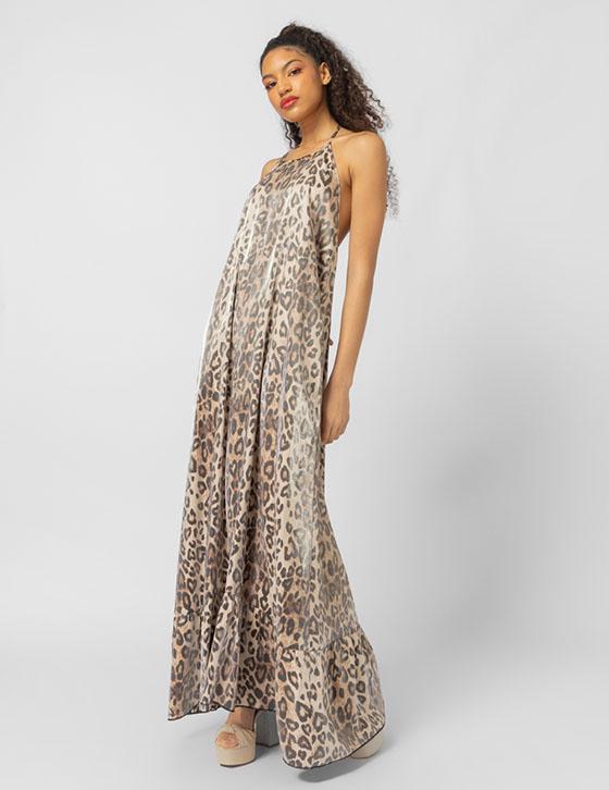 25S911 Leopard Print Open Back Μακρύ Φόρεμα