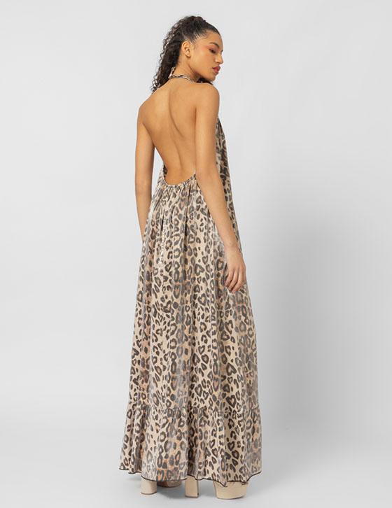 25S911 Leopard Print Open Back Μακρύ Φόρεμα