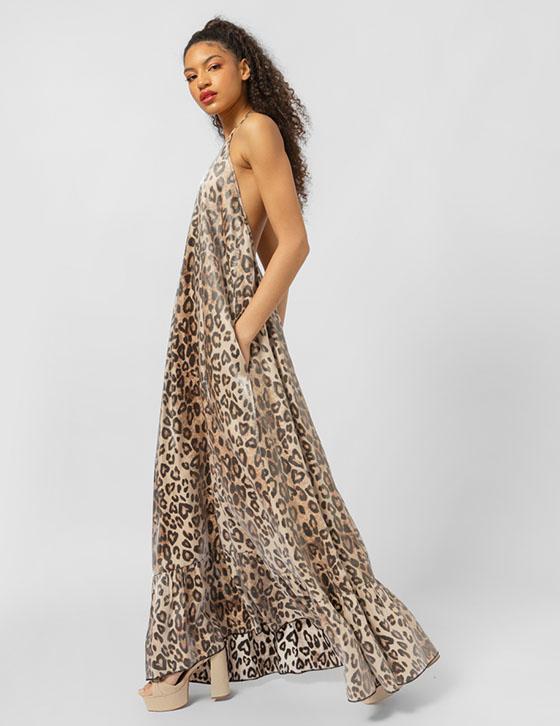 25S911 Leopard Print Open Back Μακρύ Φόρεμα
