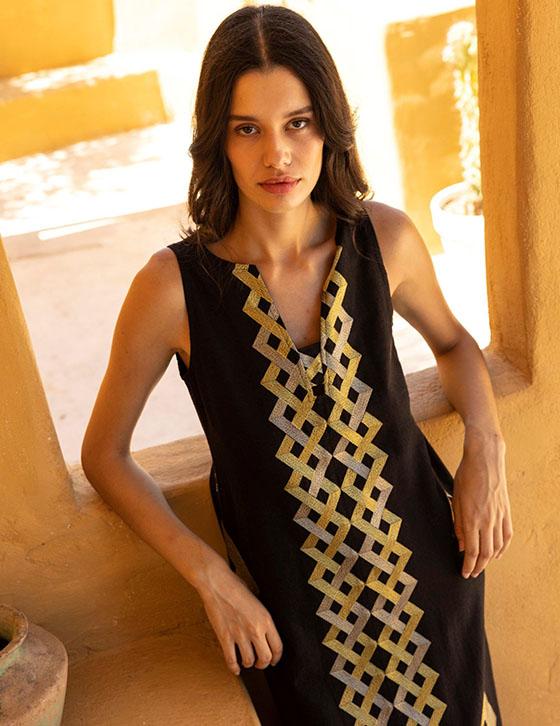 MELINA14907N164 Αμάνικο Λινό Caftan Style Φόρεμα