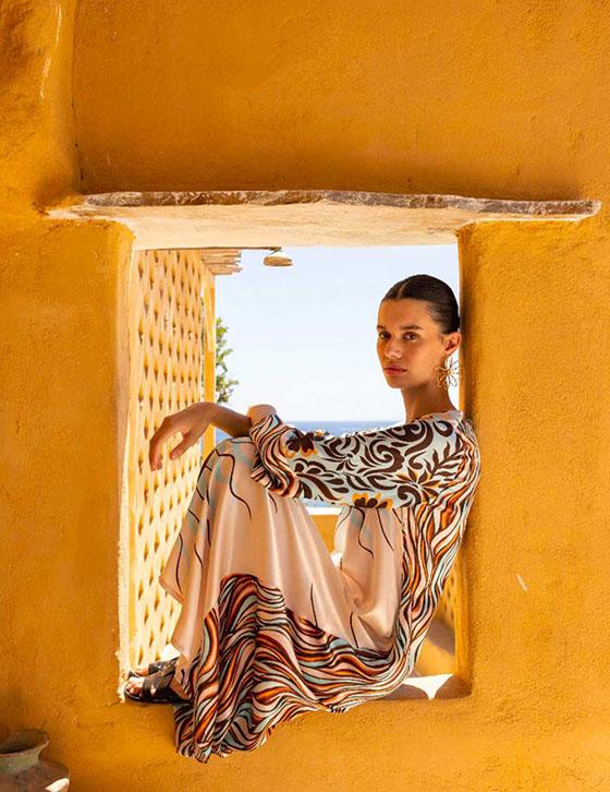 SONIA14907N149 Satin Caftan Style Printed Dress