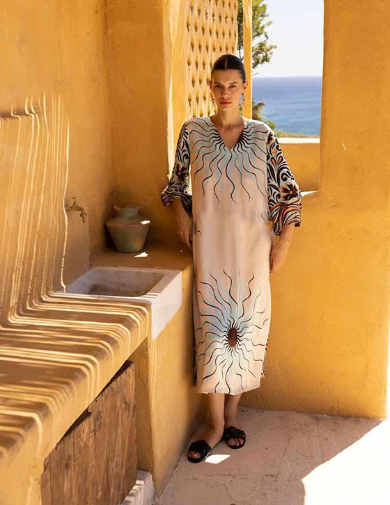 SONIA14907N149 Satin Caftan Style Printed Dress