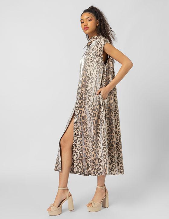 25S919 Leopard Print Αμάνικο Μακρύ Φόρεμα