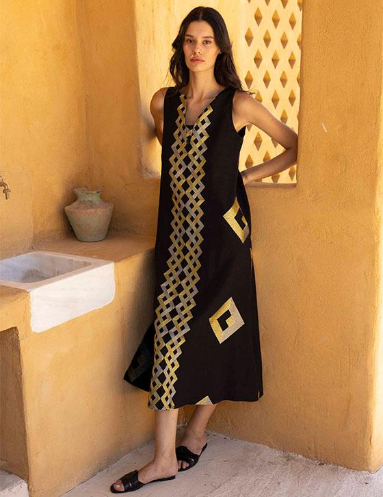 MELINA14907N164 Αμάνικο Λινό Caftan Style Φόρεμα
