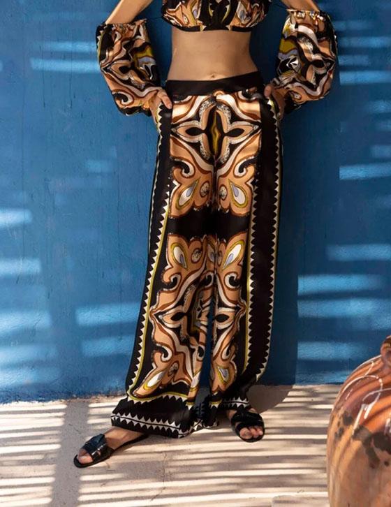 PIET14904N008 Satin Printed Wide Leg Pants