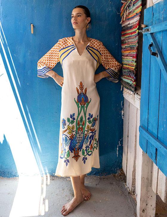 ZARA14907N175 Flower Print Μακρύ Caftan Style Φόρεμα