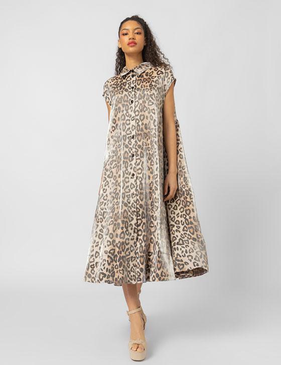 25S919 Leopard Print Αμάνικο Μακρύ Φόρεμα