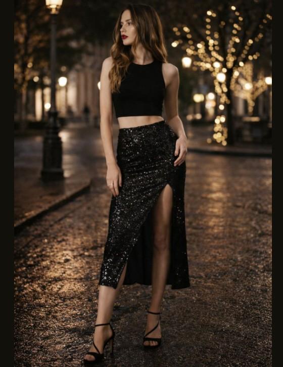 OFFER/ LESLIE13064 Midi Φούστα Παγιέτα Σκίσιμο