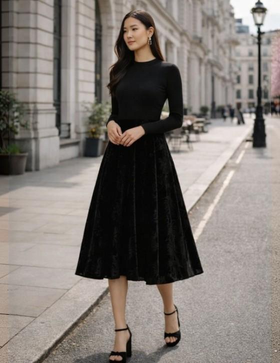 OFFER / JULYIET271249 Knit Bodice Velvet Midi Dress