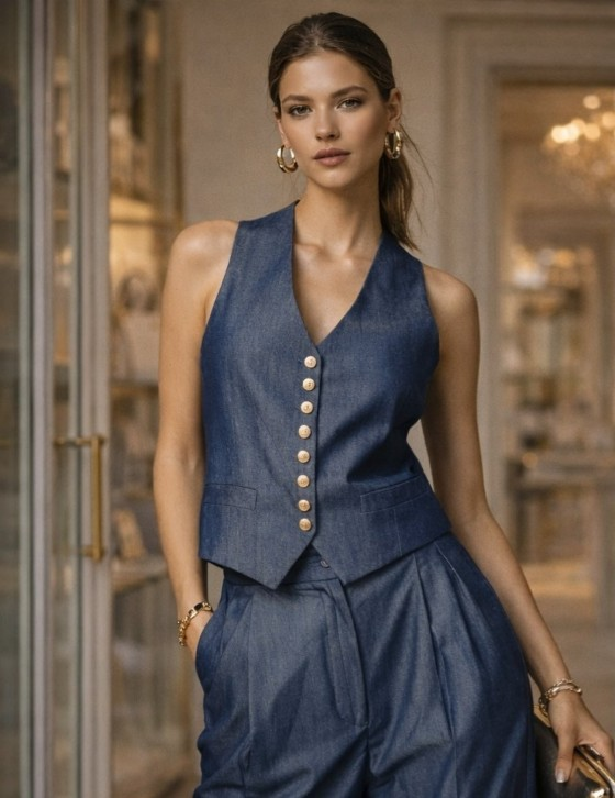 25S404 Crop Denim Open Back Top