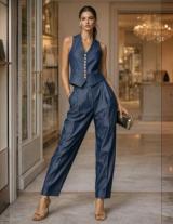25S404 Crop Denim Open Back Top