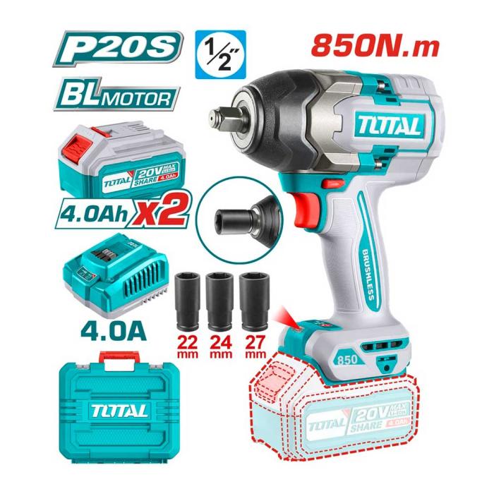 TOTAL Σετ Μπουλονόκλειδο Μπαταρίας 20V 850Nm με 2 Μπαταρίες 4Ah TIWLI2085