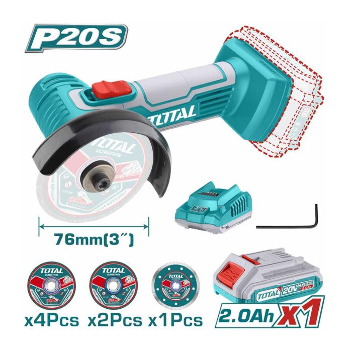 TOTAL Γωνιακός Τροχός Mini με Μπαταρία 20V 2Ah TAGLI76017