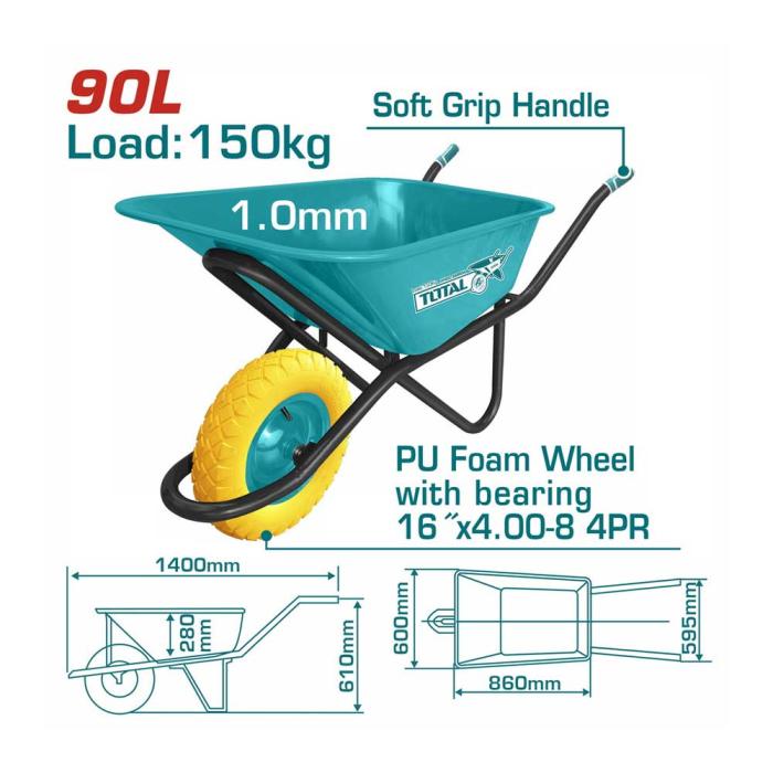 TOTAL Καρότσι Εργολαβικό 90Lt 150kg με Ρόδα Συμπαγή Πολυουρεθάνης THTWB64018GPU