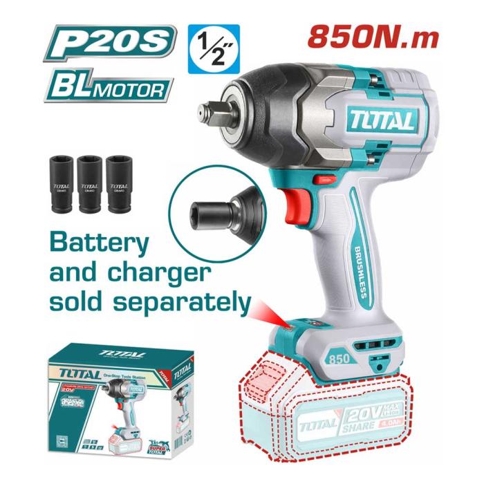 TOTAL Μπουλονόκλειδο Μπαταρίας 20V 850Nm Χωρίς Μπαταρία και Φορτιστή TIWLI20851