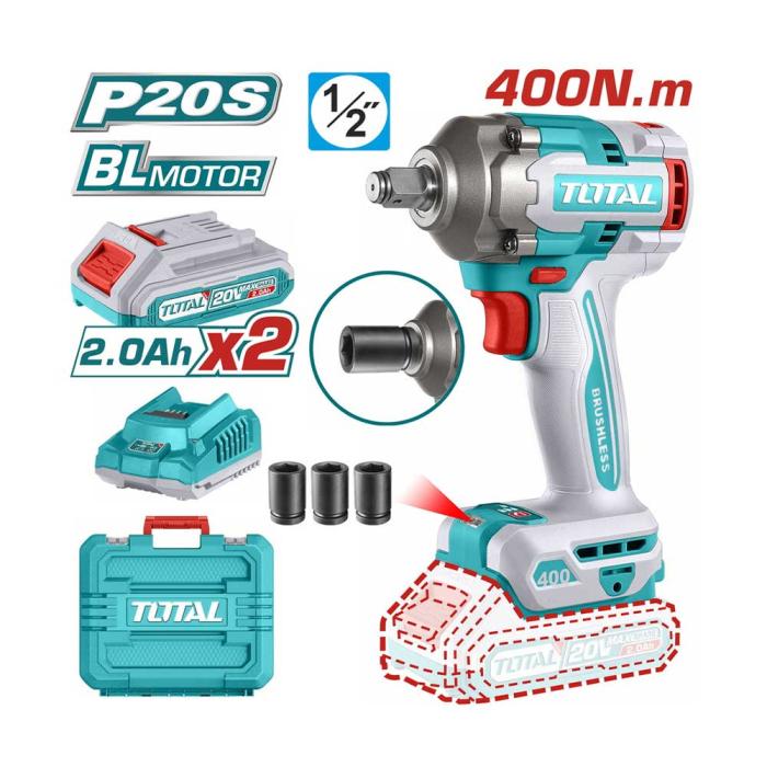 TOTAL Σετ Μπουλονόκλειδο Μπαταρίας 20V 400Nm με 2 Μπαταρίες 2Ah TIWLI2040E