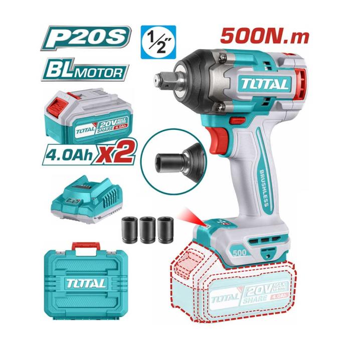 TOTAL Σετ Μπουλονόκλειδο Μπαταρίας 20V 500Nm με 2 Μπαταρίες 4Ah TIWLI2050